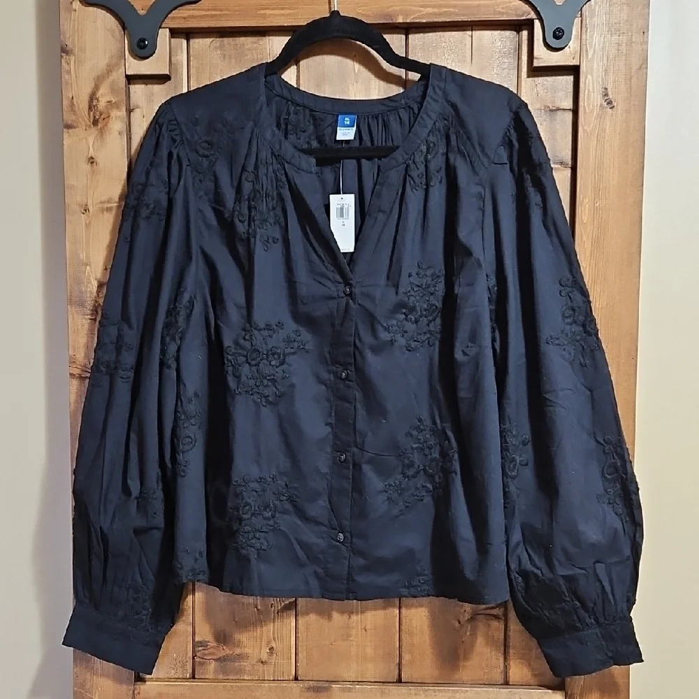 Old Navy Black Button Front Embroidered Cotton Blouse XL NWT - Picture 1 of 16